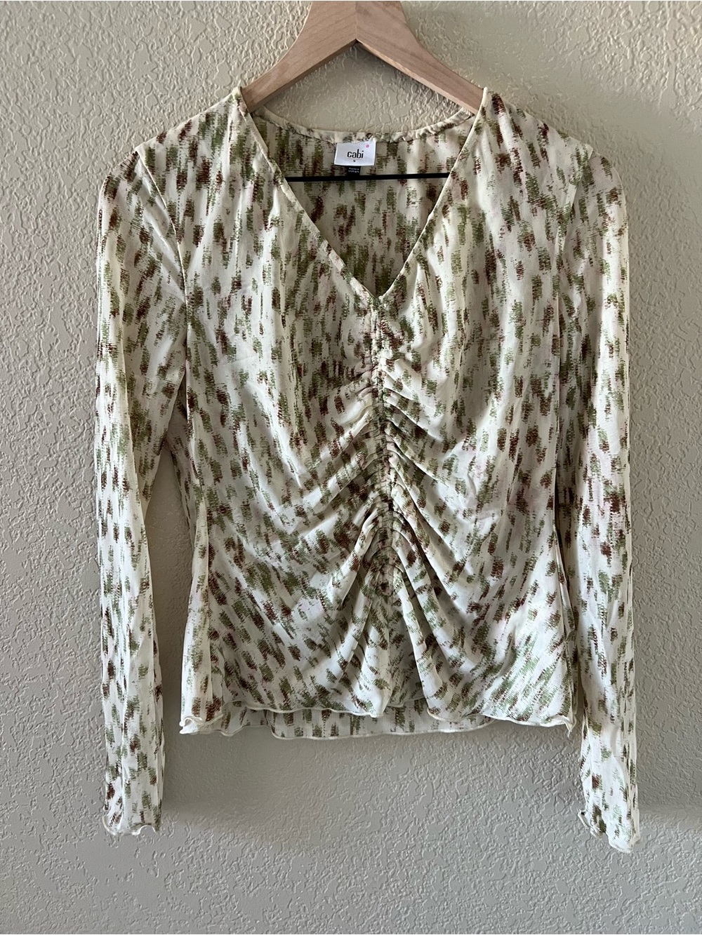 CAbi Light Green & Brown Ruched V-Neck Long Sleeve Top